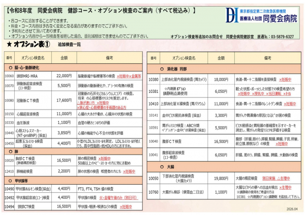 人間ドック・健康診断コース料金表 オプション表①